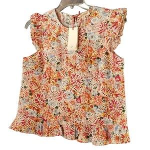 NFS Solitaire Floral Ruffle Fairy Sleeve & Waist Embroidery Praire Top Size S